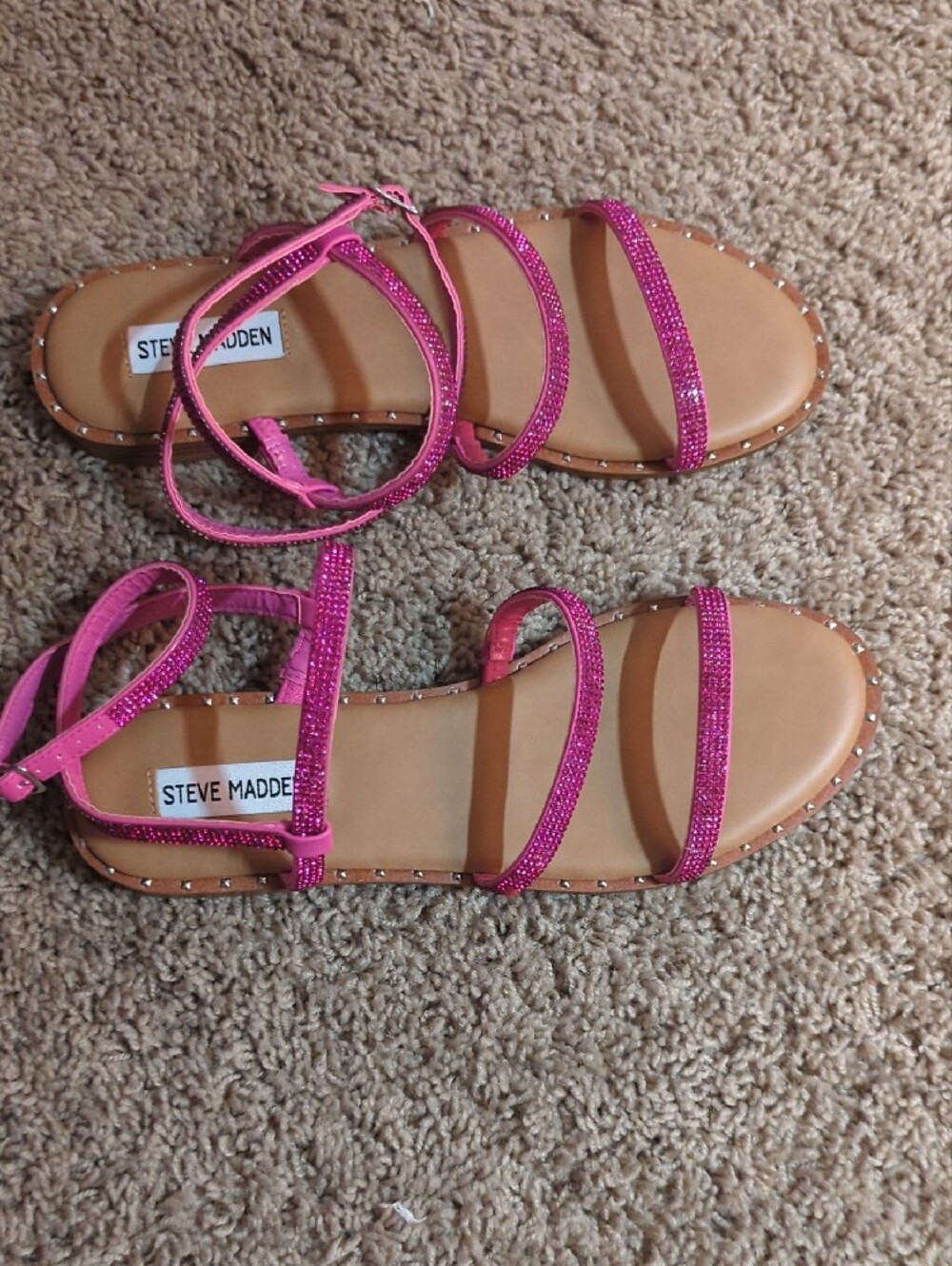 Steve Madden Pink Rhinestone Strappy Sandals with Ankle Wrap - Picture 2 of 3